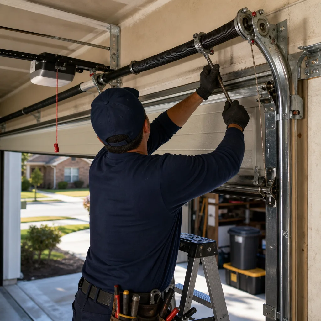 Technician performing emergency garage door spring repair and maintenance nationwide