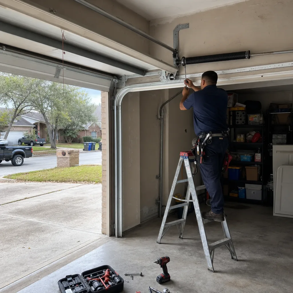 Technician performing emergency garage door spring repair on a ladder nationwide