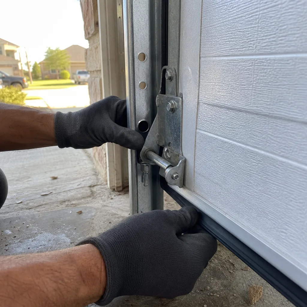 Technician performing maintenance on residential garage door hinge and roller parts nationwide