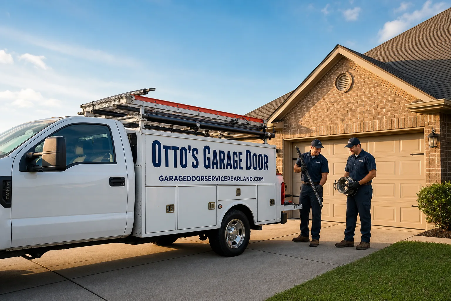 Otto's Garage Door garage door service vehicle and crew in Pearland, TX